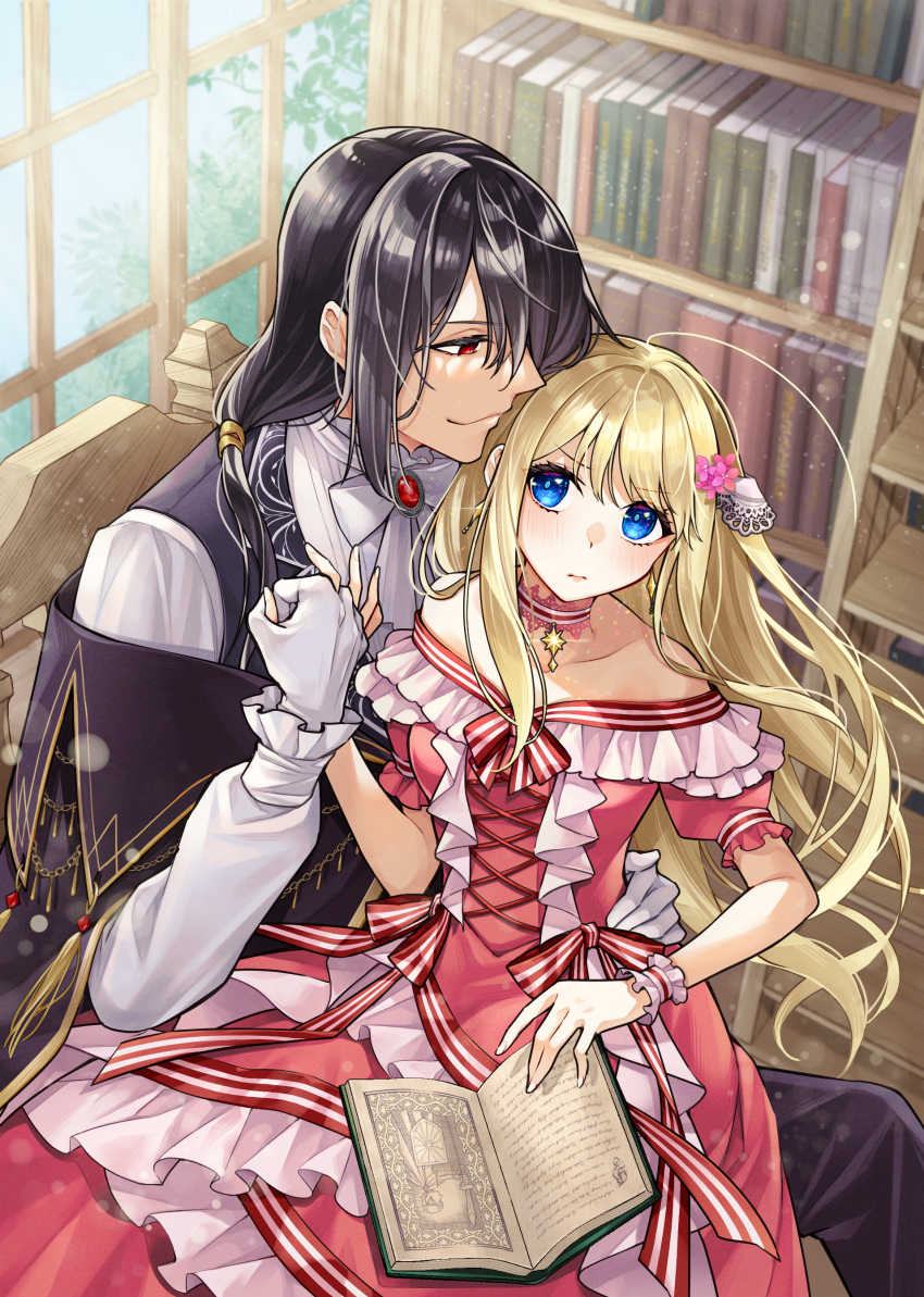 1boy 1girl absurdres ahoge black_hair blonde_hair blue_eyes blush book bookshelf bow bowtie breasts collarbone commentary_request cowboy_shot detached_collar dress earrings flower frown gem gloves hair_flower hair_ornament highres holding_hands ichino_tomizuki jewelry ladder layered_dress library long_hair looking_at_another off-shoulder_dress off_shoulder on_lap original red_dress red_eyes red_gemstone short_sleeves sitting sitting_on_lap sitting_on_person small_breasts smile wavy_hair white_bow white_bowtie white_gloves window wrist_cuffs