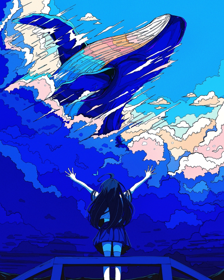 1girl ahoge animal animal_focus arms_up artdroiiid_ii black_hair blue_clouds blue_skirt blue_sky blue_theme cloud cloudy_sky commentary commentary_request feet_out_of_frame flying_animal from_behind from_below highres hill humpback_whale long_hair miniskirt mountainous_horizon original outstretched_arms oversized_animal pleated_skirt railing scenery shirt short_sleeves skirt sky solo spread_fingers standing thighhighs very_long_hair white_shirt white_thighhighs wide_shot zettai_ryouiki