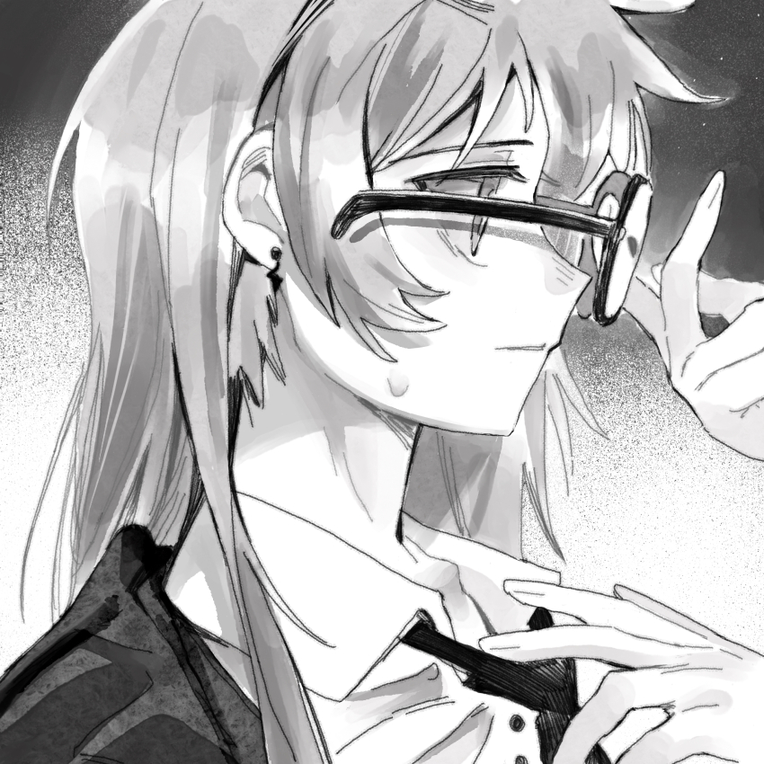 2girls bang_dream! bang_dream!_it&#039;s_mygo!!!!! chihaya_anon chinese_commentary collared_shirt commentary_request commission glasses greyscale highres jacket lanserongjie long_hair monochrome multiple_girls nagasaki_soyo necktie open_collar parted_lips second-party_source shirt sweatdrop