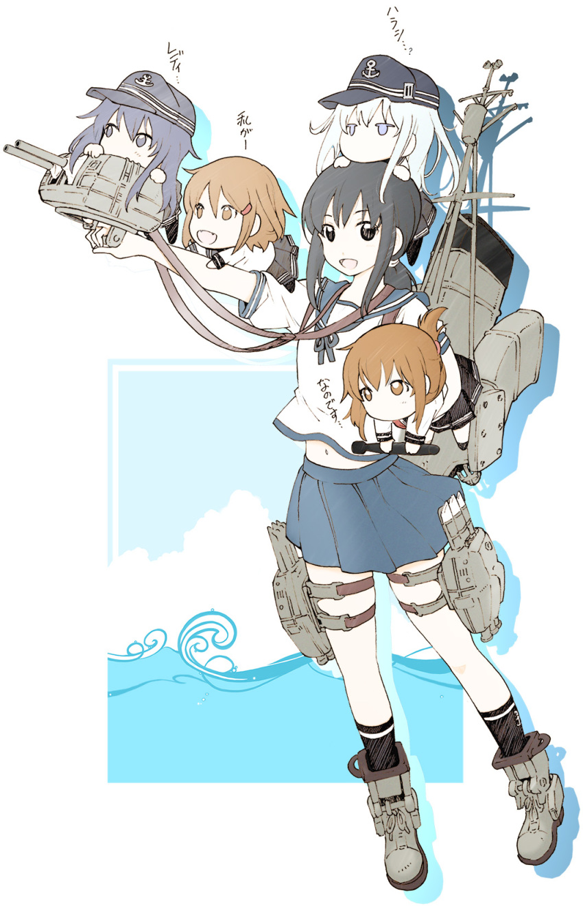 10s 5girls akatsuki_(kancolle) anchor_symbol ankle_boots arm_up armor armored_boots black_hair black_hat black_skirt black_socks blue_eyes blue_ribbon blue_skirt blue_sky boots brown_eyes brown_hair carrying carrying_under_arm chibi cloud colored_eyelashes fangs flat_cap folded_ponytail fubuki_(kancolle) hair_between_eyes hair_ornament hair_tie hairclip hat hibiki_(kancolle) highres holding horosho ikazuchi_(kancolle) inazuma_(kancolle) jitome kantai_collection kneehighs long_sleeves looking_at_viewer low_ponytail machinery midriff mini_person minigirl miniskirt multiple_girls nanodesu_(phrase) navel no_pupils on_head open_mouth outstretched_arm pantyhose pleated_skirt ponytail purple_eyes purple_hair ribbon rigging roman_numeral school_uniform serafuku shadow ship_turret shirt short_ponytail short_sleeves sidelocks skirt sky socks stomach tareme thigh_strap torpedo unworn_hat unworn_headwear water waves white_hair white_shirt yoshinaga_yunosuke