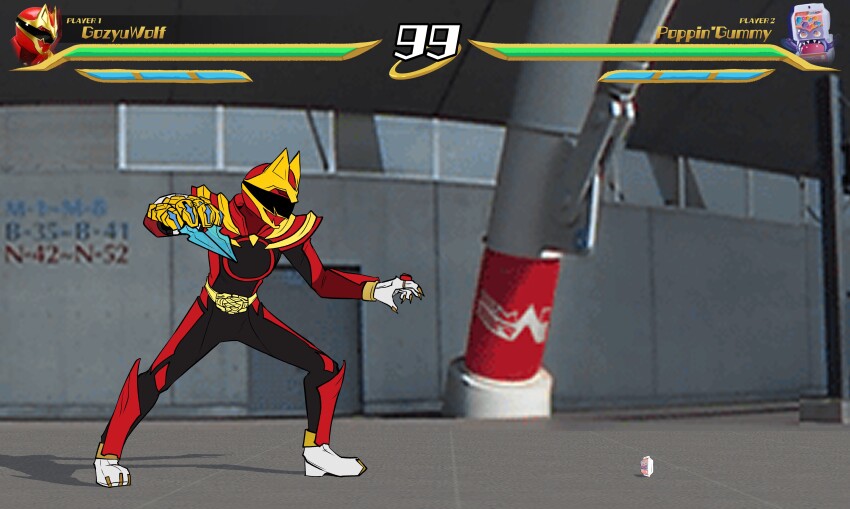 1boy 2025 20s absurdres adk-em arm_blade armor bandai bandai_namco black_bodysuit blurry blurry_background bodysuit buckle claws company_connection crossover emeruga fighting_game fighting_stance fingernails gochizou gozyu_wolf health_bar helmet highres ishimori_prod jewelry kamen_rider kamen_rider_gavv_(series) long_fingernails no.1_sentai_gozyuger poppin_gummy_gochizou red_armor red_bodysuit red_helmet ring screenshot_background screenshot_inset sentairing sentairing:_tegasword_red size_difference super_sentai tegasword toei_company tokusatsu tsumegabuckle tv_asahi weapon