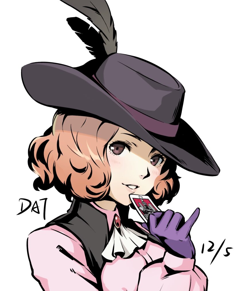 1girl ascot black_feathers brown_eyes brown_hair da-cart feathers gloves happy_birthday hat hat_feather highres looking_at_viewer okumura_haru persona persona_5 pink_shirt purple_gloves shirt short_hair smile solo tarot the_empress_(tarot) wavy_hair white_ascot white_background