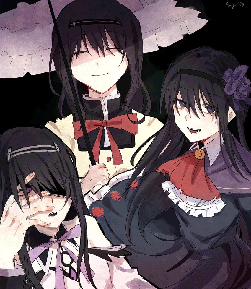 1girl aayoii_00 akemi_homura akemi_homura_(black_dress) akemi_homura_(magical_girl) black_background black_dress bow bowtie dress highres holding holding_umbrella long_hair looking_at_viewer mahou_shoujo_madoka_magica mitakihara_school_uniform multiple_persona parasol purple_eyes red_bow red_bowtie school_uniform solo umbrella
