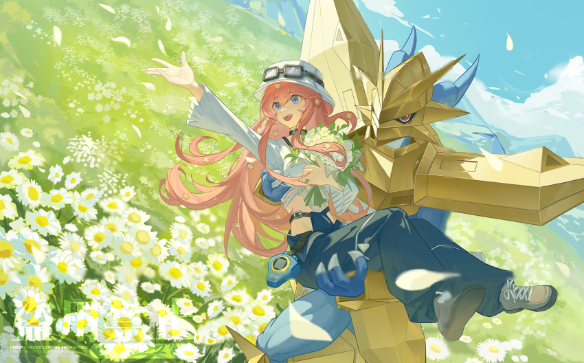1girl absurdres arm_up armor blue_eyes blue_pants blue_scales blue_skin bouquet carrying colored_skin cropped_shirt d-ark digimon dragon eyewear_on_head eyewear_on_headwear flower flower_bed gold_armor hair_ornament hat highres holding holding_bouquet long_hair magnamon midriff pants petals pink_hair princess_carry shirt star_(symbol) star_hair_ornament w_(wwukuai) watermark white_flower white_hat white_shirt