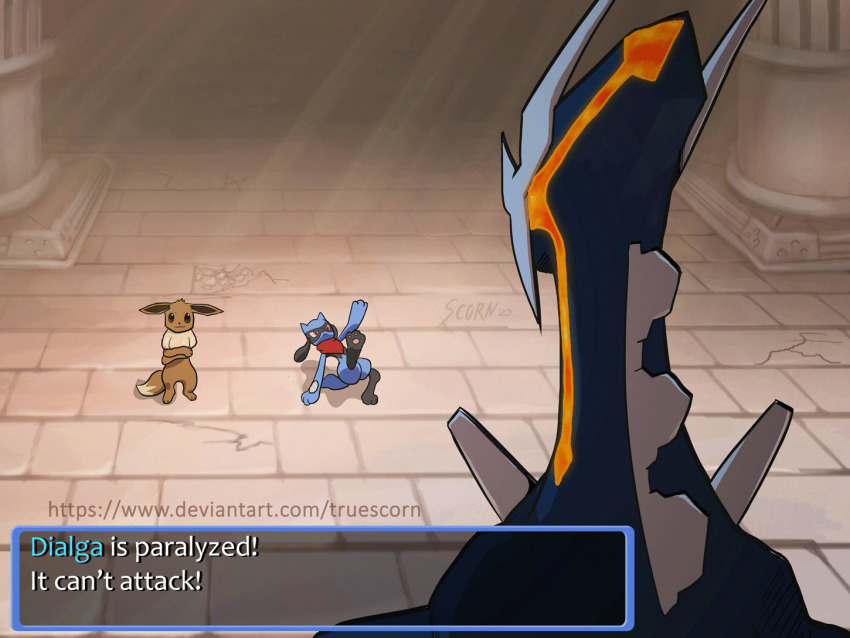animated animated_gif artist_name bandana black_eyes breakdance cat_breakdancing_(meme) character_name commentary cossack_dance crack cracked_floor dancing dialga dialogue_box eevee electricity english_text fake_screenshot gameplay_mechanics gen_1_pokemon gen_4_pokemon legendary_pokemon meme nintendo no_humans paralysis pokemon pokemon_mystery_dungeon pokemon_mystery_dungeon:_explorers_of_time/darkness/sky primal_dialga red_bandana red_eyes riolu shadow truescorn watermark web_address what