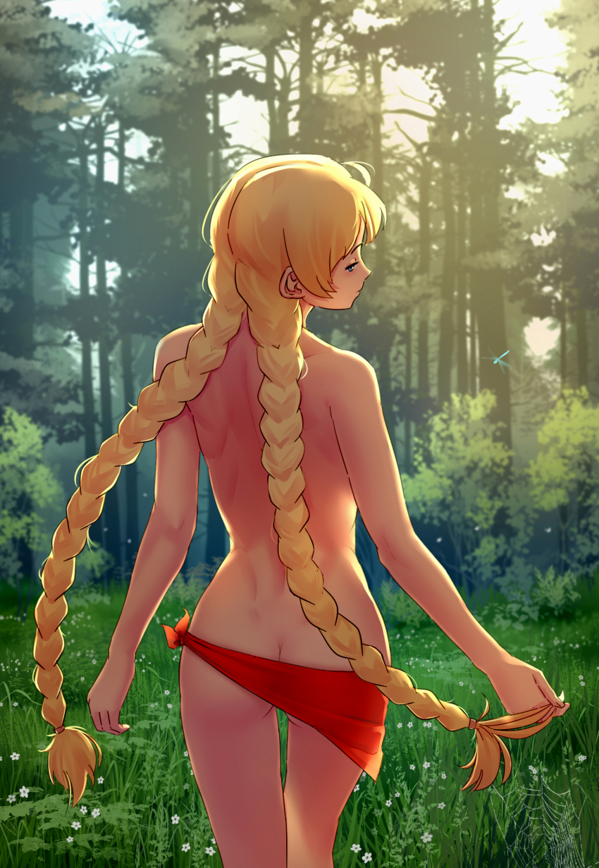 1girl arms_at_sides ass back blonde_hair braid braided_twintails bug bulgarian_commentary butt_crack closed_mouth commentary_request cowboy_shot day dragonfly expressionless field flower forest grass highres insect iskanderednaksi long_hair looking_at_viewer looking_back median_furrow nature nude original outdoors red_sarong sarong silk solo spider_web summer tree turning_head very_long_hair walking white_flower