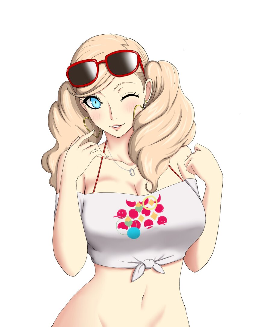 1girl blonde_hair blush breasts cleavage crop_top earrings eyewear_on_head hands_up heart heart_earrings highres hoop_earrings jewelry looking_at_viewer midriff nahone_peko navel necklace one_eye_closed parted_lips persona persona_5 persona_5_scramble:_the_phantom_strikers red-framed_eyewear shirt simple_background solo stomach sunglasses takamaki_anne tied_shirt twintails upper_body white_background