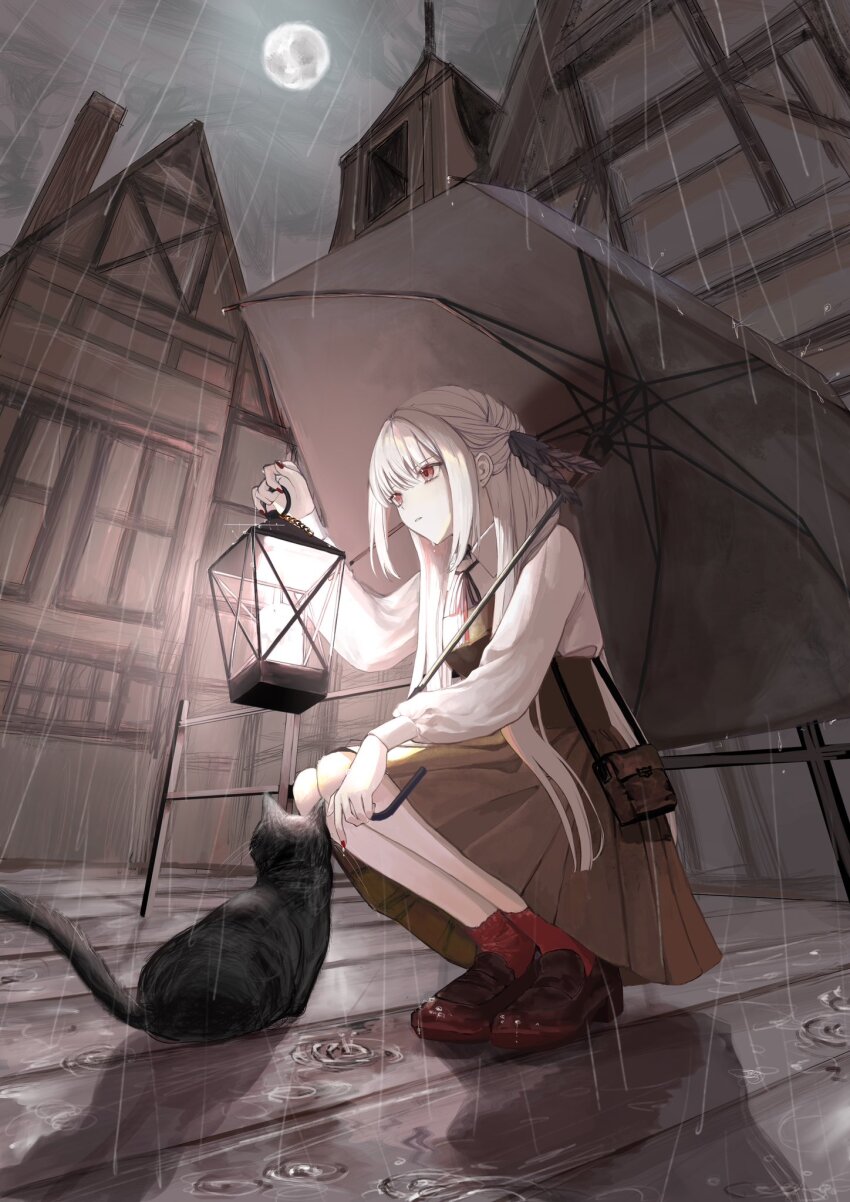 1girl amazu_(uzu_amazu) bag black_bow black_cat black_shoes bow brown_skirt cat full_moon highres house lamp long_hair moon nail_polish original outdoors rain red_eyes shirt shoes skirt solo squatting umbrella white_hair white_shirt