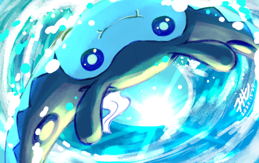 commentary_request dated gen_2_pokemon looking_at_viewer mantine nintendo no_humans null_suke one-hour_drawing_challenge pokemon pokemon_(creature) signature upside-down water