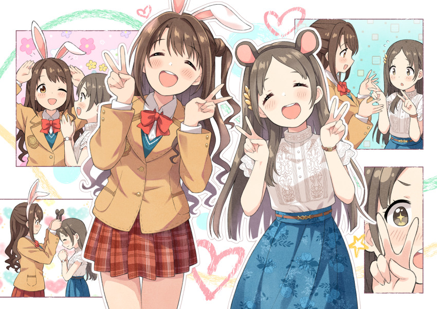 +_+ 2girls ;d ^_^ animal_ear_hairband animal_ears aqua_skirt blush brown_hair brown_jacket brown_skirt clapping closed_eyes commentary_request dekosuke double_v fake_animal_ears gakuen_idolmaster hairband hamster_ears heart highres idolmaster idolmaster_cinderella_girls in-franchise_crossover jacket kuramoto_china long_hair multiple_girls multiple_views one_eye_closed one_side_up open_mouth outline plaid_clothes plaid_skirt pleated_skirt rabbit_ears shimamura_uzuki shirt skirt smile straight_hair upper_body v very_long_hair white_outline white_shirt