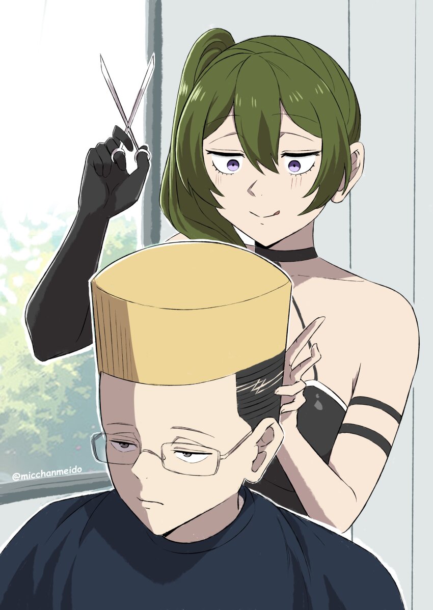 1boy 1girl absurdres barber_cape black_dress black_gloves blonde_hair choso_giving_toudou_a_haircut_(meme) closed_eyes closed_mouth commentary cutting_another&#039;s_hair cutting_hair dress fade_(haircut) glasses gloves green_hair highres holding holding_scissors land_(sousou_no_frieren) long_hair meme micchan_(micchanmeido) purple_eyes scissors single_glove smile sousou_no_frieren tongue tongue_out ubel_(sousou_no_frieren) window yellow_eyes