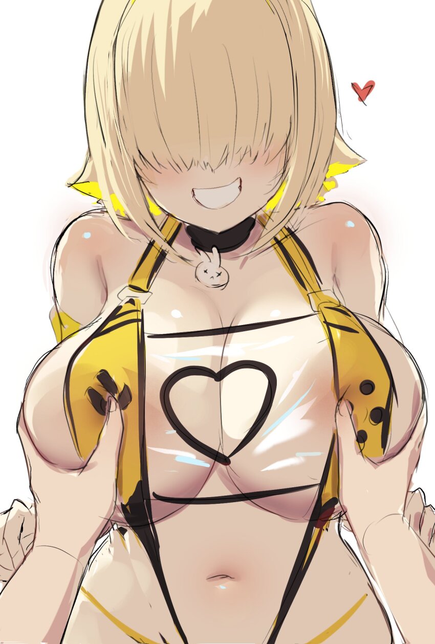 1boy 1girl ahoge blonde_hair blush breasts elegg_(boom_and_shock)_(nikke) elegg_(nikke) goddess_of_victory:_nikke grabbing_another&#039;s_breast grin groping hair_over_eyes heart highres large_breasts long_bangs multicolored_hair navel pov shiny_skin short_hair simple_background sketch slingshot_swimsuit smile solo_focus swimsuit teeth two-tone_hair uzzy2801 white_background yellow_slingshot_swimsuit