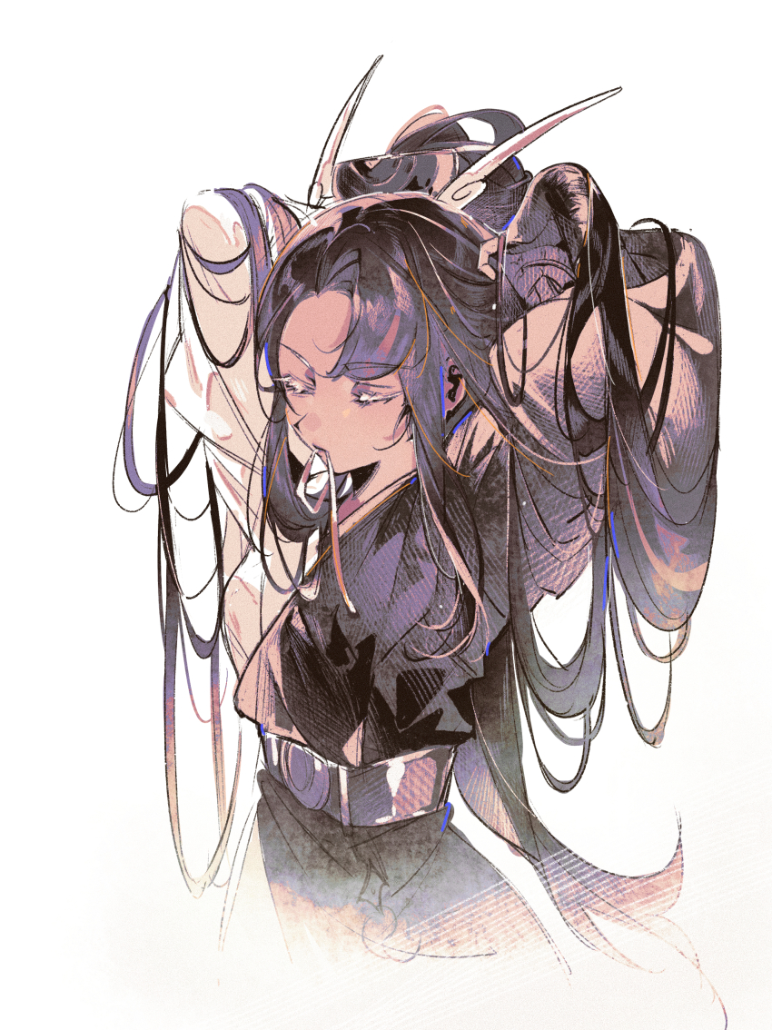 1girl absurdres adjusting_hair arms_behind_head arms_up belt black_hair black_kimono caramel_arrow_cookie closed_eyes closed_mouth commentary_request cookie_run cookie_run:_kingdom cropped_torso from_side grey_belt hair_ornament highres humanization japanese_clothes kimono long_hair long_sleeves mouth_hold multicolored_hair parted_hair ponytail ribbon ribbon_in_mouth shu_(pjxv7485) sidelocks simple_background solo streaked_hair tan very_long_hair white_background