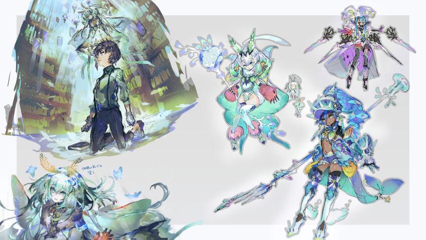 1boy 4girls :o animal_hands antennae argyle_clothes argyle_thighhighs asymmetrical_legwear black_footwear black_hair black_mask black_pants black_thighhighs blue_gloves blue_hair blue_hat blue_shorts blue_tail blunt_bangs book butterfly_wings claws clenched_hands collared_shirt colored_tips commentary_request dark-skinned_female dark_skin denim denim_shorts dress drill_hair elbow_gloves eyelashes fake_tail fins fish_tail flying frilled_shorts frilled_thighhighs frills full_body fur_anklet fur_scarf gauntlets gloves green_eyes green_hair green_wings grey_socks grey_thighhighs hair_between_eyes hat high_ponytail highres holding holding_polearm holding_staff holding_weapon insect_wings jellyfish kneehighs kneeling leg_warmers library long_hair long_sleeves mask mouth_mask multicolored_hair multiple_girls multiple_views navel open_mouth original outstretched_hand pants paw_gloves pink_gloves polearm ponytail purple_dress purple_gloves purple_leg_warmers scarf shako_cap shirt shoes short_shorts shorts sidelocks single_shoulder_pad smile socks staff stomach straight_hair suspenders tail thighhighs tokino_kito trident weapon white_footwear white_gloves white_hair white_scarf white_shirt white_sleeves white_socks white_thighhighs wings yellow_eyes