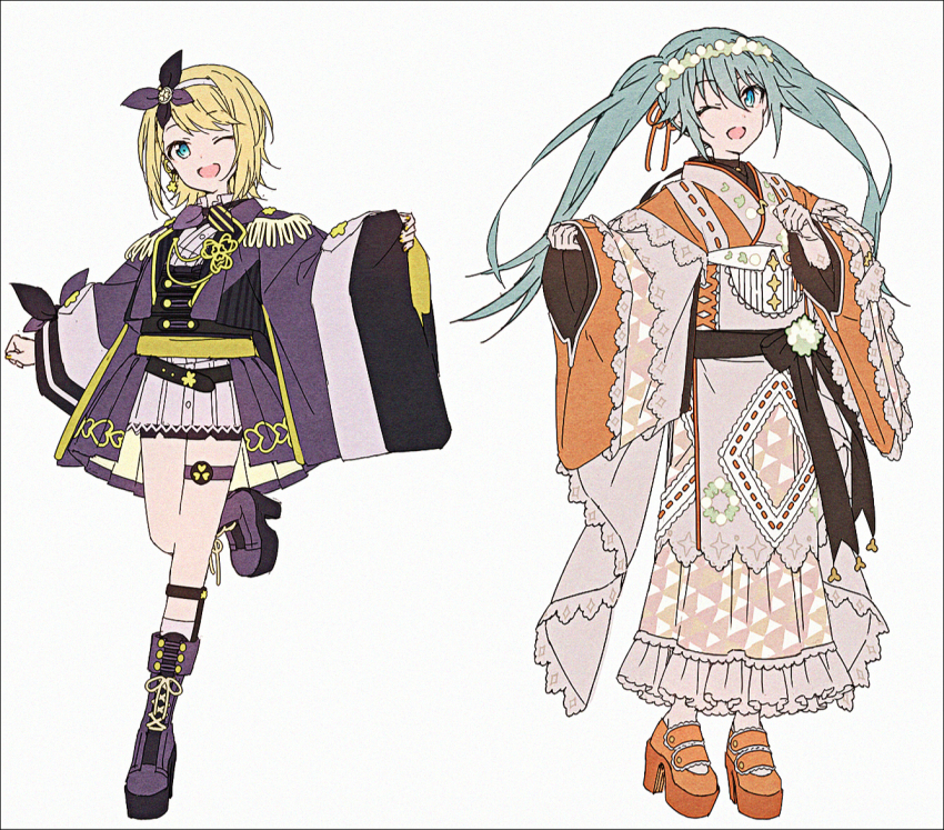 2girls ;d adapted_costume blonde_hair blue_eyes boots green_hair grey_background hair_between_eyes hair_ribbon hairband hakusai_(tiahszld) hatsune_miku high_heel_boots high_heels japanese_clothes kagamine_rin kimono long_hair long_sleeves more_more_jump!_miku more_more_jump!_rin multiple_girls one_eye_closed open_mouth orange_kimono orange_ribbon orange_shoes pinching_sleeves project_sekai purple_boots purple_kimono revision ribbon ribbon_trim shoes short_kimono simple_background sleeves_past_wrists smile standing standing_on_one_leg tsunagu_painful_hope_(project_sekai) twintails very_long_hair vocaloid white_hairband wide_sleeves
