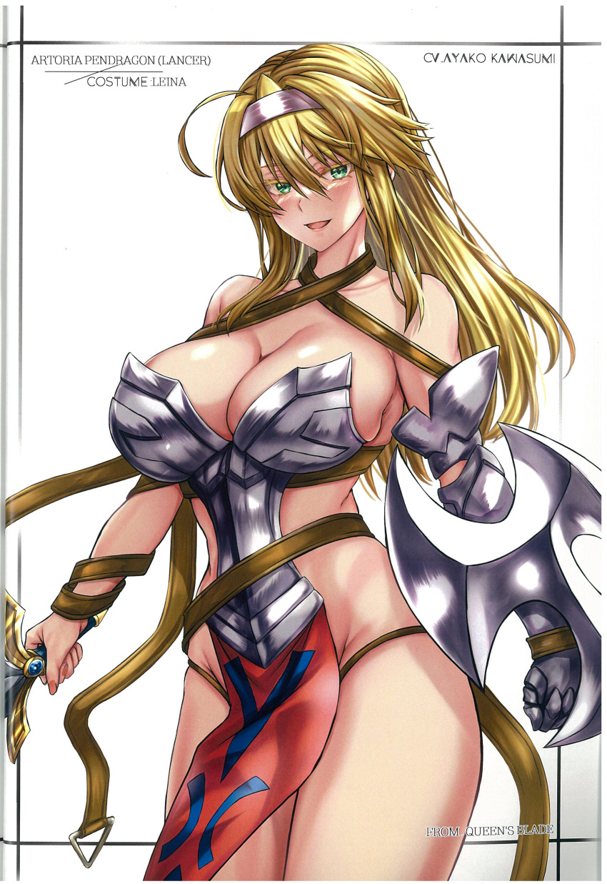 1girl absurdres ahoge armor artoria_pendragon_(fate) artoria_pendragon_(lancer)_(fate) bare_shoulders blonde_hair blush breasts character_name cleavage collarbone copyright_name cosplay fate/grand_order fate_(series) fingernails gauntlets green_eyes hair_ornament hairband halterneck highres holding holding_sword holding_weapon kawasumi_ayako large_breasts leina_(queen&#039;s_blade) leina_(queen&#039;s_blade)_(cosplay) lips long_hair looking_at_viewer open_mouth pelvic_curtain queen&#039;s_blade scan shield shiny_skin simple_background single_gauntlet smile solo sword takecha thighs voice_actor_connection weapon white_background