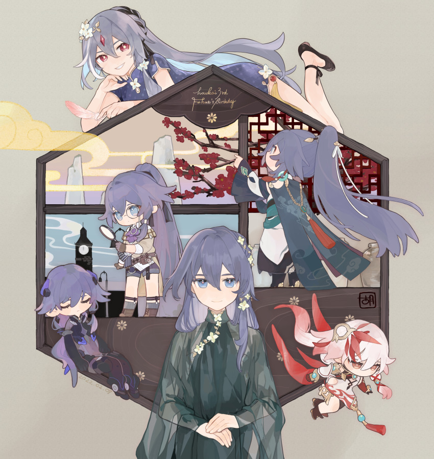 6+girls absurdres beige_background black_bodysuit black_footwear black_gloves black_hair blue_dress blue_eyes bodysuit brown_gloves character_name china_dress chinese_clothes closed_eyes closed_mouth detective dress feathers fu_hua fu_hua_(azure_empyrea) herrscher_of_sentience fu_hua_(phoenix) fu_hua_(shadow_knight) fu_hua_(valkyrie_accipiter) full_body gloves grin hair_between_eyes hair_ornament happy_birthday highres holding holding_magnifying_glass honkai_(series) honkai_impact_3rd long_hair long_sleeves looking_at_viewer lying magnifying_glass mogomaco monocle multicolored_hair multiple_girls multiple_persona on_stomach ponytail red_eyes red_gloves simple_background smile streaked_hair teeth white_dress white_hair