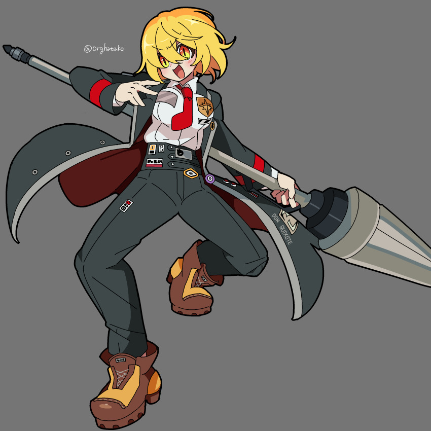 1girl absurdres badge black_coat black_pants blonde_hair boots brown_boots coat collared_shirt don_quixote_(project_moon) full_body grey_background highres holding holding_polearm holding_weapon kekeken lance lapels limbus_company necktie notched_lapels open_mouth orange_eyes pants polearm project_moon red_necktie shirt short_hair simple_background smile solo standing standing_on_one_leg weapon white_shirt