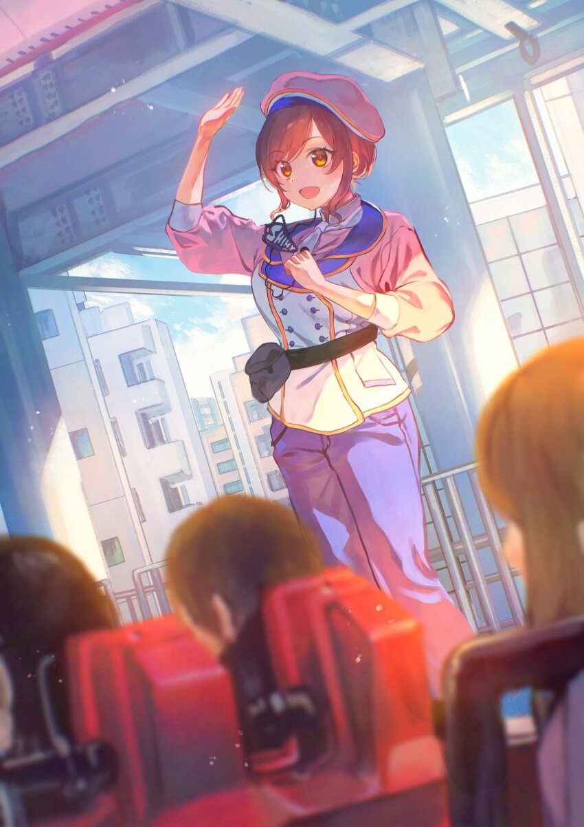 2girls 2others alternate_costume alternate_hairstyle apartment arm_up beret birthday blue_pants breasts brown_hair building clenched_hand collared_shirt dot_nose employee_uniform english_text eyelashes fence hair_bun hat headset highres idolmaster idolmaster_shiny_colors medium_breasts medium_hair microphone multicolored_shirt multiple_girls multiple_others open_mouth osaki_amana otsudou outdoors pants pink_hat pink_shirt puffy_short_sleeves puffy_sleeves roller_coaster shirt short_hair short_sleeves sidelocks sitting smile solo_focus standing straight_hair swept_bangs urban yellow_eyes