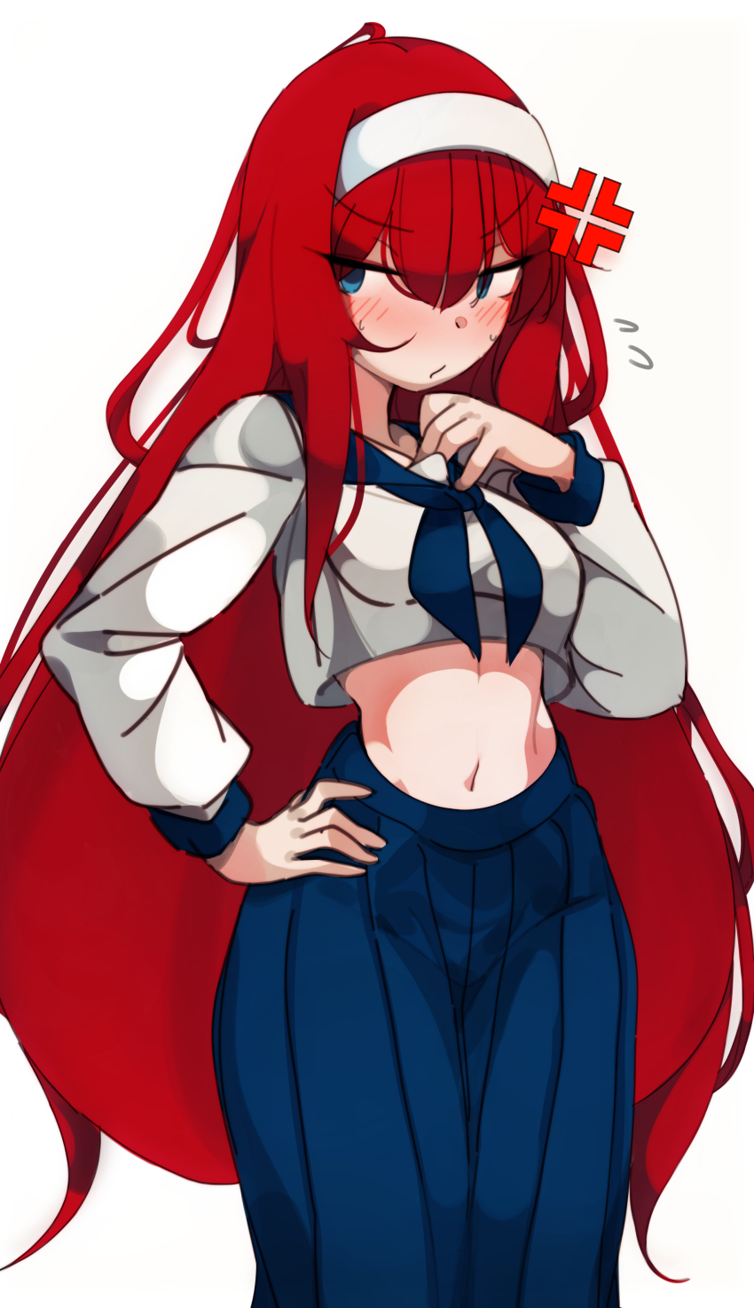 1girl absurdres anger_vein blue_eyes blue_sailor_collar blue_skirt blush breasts cropped_shirt deko_morii hairband highres long_hair long_skirt long_sleeves looking_to_the_side midriff navel neckerchief red_hair sailor_collar school_uniform shirt skirt small_breasts solo tohno_akiha toono_akiha tsukihime vermillion_akiha white_hairband white_shirt