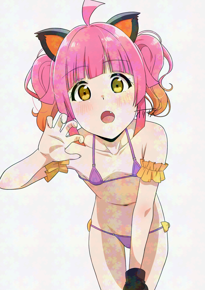 1girl :o absurdres ahoge animal_ears animal_hands armband bent_over bikini black_gloves blunt_bangs blunt_ends blush bow breasts cat_ears claw_pose collarbone commentary_request cowboy_shot fake_animal_ears fang frilled_armband frills gloves gradient_background hand_on_own_thigh hand_up highres looking_at_viewer love_live! love_live!_nijigasaki_high_school_idol_club medium_hair micro_bikini navel ohrinas orange_hair paw_gloves pink_hair purple_bikini sidelocks single_glove small_breasts solo stomach swimsuit tennoji_rina thighs twintails white_background yellow_bow yellow_eyes