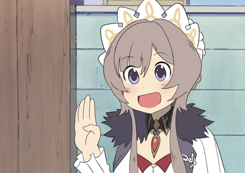 1girl absurdres aioi_yuuko blue_eyes brown_hair coat fur_coat fur_trim genshin_impact hand_up headband highres honda_mariko nichijou parody sandrone_(genshin_impact) short_hair short_hair_with_long_locks sudhiro_sappurisa voice_actor_connection