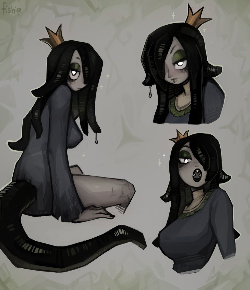 1girl absurdres black_hair black_lips closed_mouth crown dress grey_dress highres invisible_chair leech_queen_(matilda_fiship) lipstick long_sleeves looking_at_viewer makeup matilda_fiship multiple_views open_mouth original sharp_teeth signature sitting tail teeth tentacle_hair white_eyes