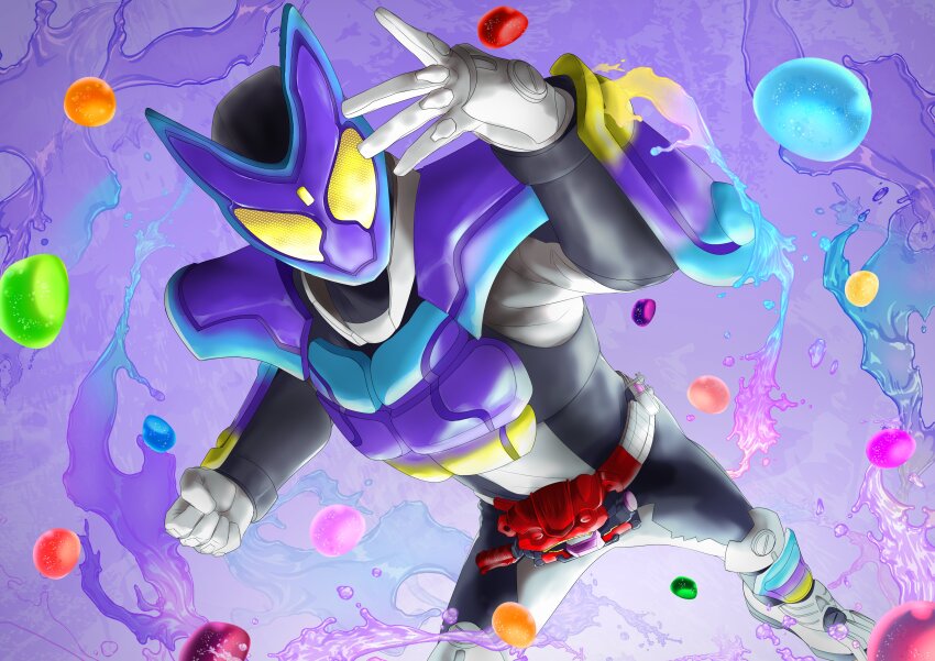 absurdres adk-em armor bandai bandai_namco body_armor bodysuit candy compound_eyes contrapposto food full_body gochizou grey_bodysuit gummy_candy henshin_belt_gavv highres ishimori_prod jelly_bean kamen_rider kamen_rider_gavv kamen_rider_gavv_(poppingummy_form) kamen_rider_gavv_(series) looking_at_viewer male_focus miyabi_(037) multicolored_armor poppin_gummy_gochizou purple_armor purple_background rider_belt solo toei_company tokusatsu tv_asahi yellow_eyes