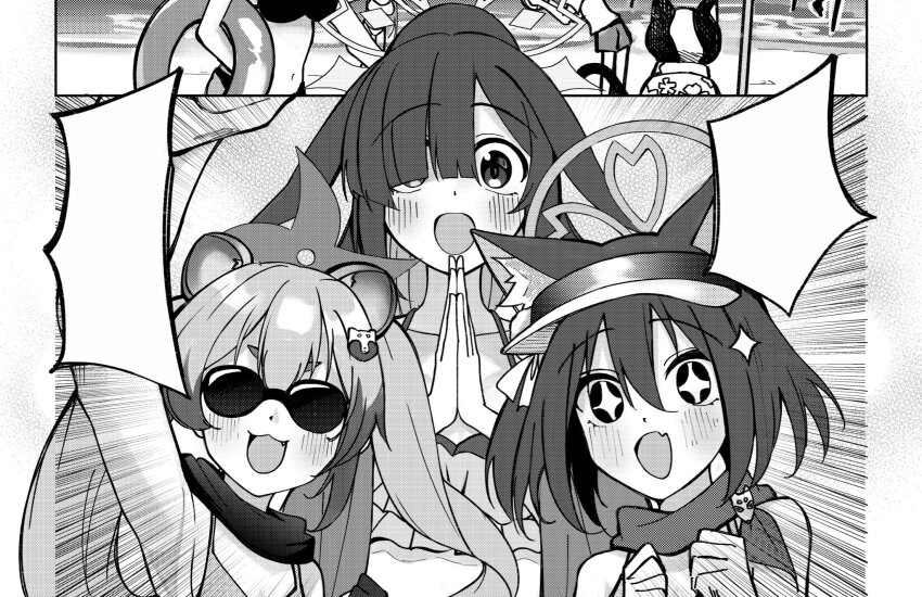 +_+ 3girls :3 :d animal_ear_fluff animal_ears arm_up bespectacled bikini blue_archive blunt_bangs blush clenched_hands close-up commentary_request excited extra_ears fang floppy_ears fox_ears fox_girl glasses greyscale hair_between_eyes hair_over_one_eye hands_on_own_hips happy highres izuna_(blue_archive) izuna_(swimsuit)_(blue_archive) izunasuki_art long_hair looking_at_viewer medium_hair michiru_(blue_archive) monochrome multiple_girls ninjutsu_research_club_(blue_archive) official_alternate_costume open_mouth rabbit_ears rabbit_girl raccoon_ears raccoon_girl raccoon_hair_ornament scarf skin_fang smile sparkle speech_bubble sunglasses swimsuit thick_eyebrows tsukuyo_(blue_archive) twintails visor_cap