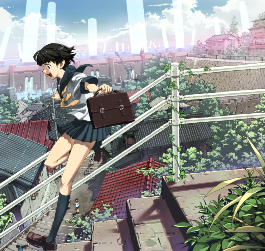 3boys 3girls album_cover androgynous back bad_id bad_pixiv_id bag black_hair black_socks brown_footwear building cityscape cloud cloudy_sky cover crane_(machine) day flood highres jumping kneehighs kneepits legs miniskirt multiple_boys multiple_girls nature ocean open_mouth original outdoors plant pleated_skirt power_lines railing rooftop scenery school_bag school_uniform serafuku shirt shoes short_hair short_sleeves skirt sky smile socks solo_focus stairs tatsuwo thighs vines water waterfall white_shirt