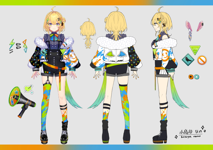 1girl :3 absurdres ahoge arm_belt arms_at_sides asymmetrical_legwear belt black_belt black_footwear black_garter_straps black_jacket black_ribbon black_shorts black_socks blonde_hair bow bowtie braid breasts character_name reference_sheet chest_harness closed_mouth commentary_request covered_groin cross-laced_footwear crown_braid double-parted_bangs earclip earrings fang fang_out feather_earrings feathers fingernails floating_earring frilled_shirt frills from_behind from_side full_body garter_straps green_eyes grey_background hair_between_eyes hair_bun hair_intakes hair_ornament hair_ribbon hairclip harness high-waist_shorts highres jacket jewelry kozuya_nano letterboxed lightning_bolt lightning_bolt_hair_ornament lightning_bolt_symbol long_hair long_sleeves looking_at_viewer loose_socks medium_breasts megaphone multicolored_background multicolored_bow multicolored_bowtie multicolored_eyes multicolored_jacket multicolored_thighhighs multiple_views nail_polish no_entry_sign o-ring o-ring_legwear off_shoulder official_art open_clothes open_jacket orange_belt orange_nails platform_footwear profile puffy_long_sleeves puffy_sleeves purple_eyes purple_shirt quilted_jacket ribbon ring road_sign saine second-party_source shin_strap shirt shirt_tucked_in shoes short_shorts shorts sidelocks sign simple_background single_garter_strap single_side_bun single_sock single_thighhigh sleeveless sleeveless_shirt smile socks sparkle sparkling_aura specialite_(company) standing stop_sign straight-on stud_earrings thick_eyelashes thighhighs triangle_hair_ornament uneven_legwear virtual_youtuber white_jacket