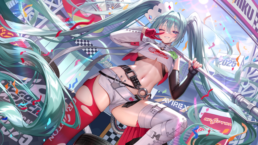 1girl 39 absurdres aqua_eyes aqua_hair asymmetrical_clothes asymmetrical_gloves asymmetrical_legwear bare_shoulders belt black_gloves breasts cleavage_cutout clothing_cutout confetti crop_top crop_top_overhang elbow_gloves fingerless_gloves gloves goodsmile_racing grin hatsune_miku highres large_breasts long_hair long_sleeves looking_at_viewer meion midriff miku_day navel one_eye_closed racing_miku racing_miku_(2025) red_gloves red_thighhighs shirt short_shorts shorts side_slit single_elbow_glove single_sleeve skindentation smile solo stomach thighhighs thighs torn_clothes torn_thighhighs twintails underboob v very_long_hair vocaloid white_shirt white_shorts white_thighhighs