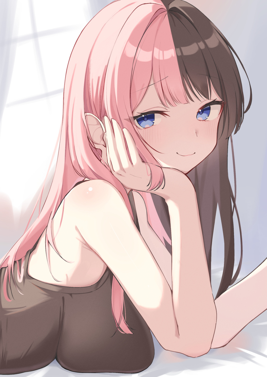 1girl absurdres atisa87044728 bed bed_sheet blue_eyes blush breast_press breasts brown_hair brown_shirt curtains elbow_rest from_side hair_intakes hand_on_own_cheek hand_on_own_face hashtag-only_commentary highres large_breasts long_hair looking_at_viewer lying multicolored_hair on_bed on_stomach pink_hair shirt sidelocks sleeveless sleeveless_shirt smile smug solo split-color_hair tachibana_hinano tank_top very_long_hair virtual_youtuber vspo! window