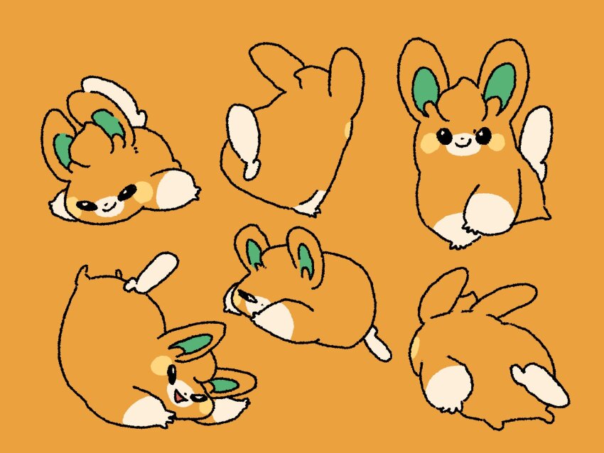 00tamakichi black_eyes closed_mouth dot_nose highres looking_at_viewer lying multiple_views narrowed_eyes nintendo no_humans on_stomach open_mouth orange_background orange_fur orange_theme paw_up pawmo pokemon pokemon_(creature) simple_background sitting smile tail triangle_mouth white_fur