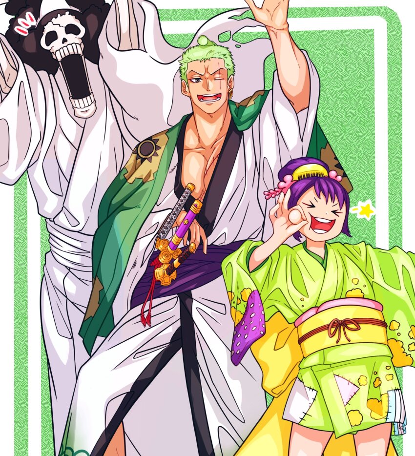 1girl 2boys black_hair brook_(one_piece) child chonmage commentary_request green_hair green_kimono hair_bun highres japanese_clothes kimono kurozumi_tama multiple_boys nekozukikensi notice_lines obi one_eye_closed one_piece purple_hair roronoa_zoro sash scar scar_across_eye scar_on_face skeleton sword topknot weapon white_kimono