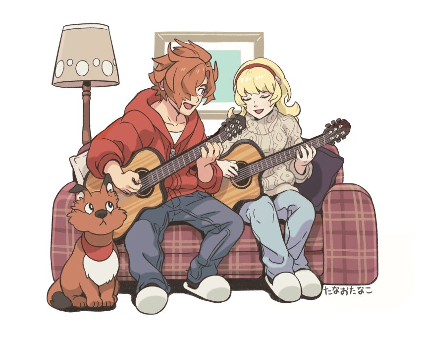 1boy 1girl absurdres ahoge blonde_hair brown_hair closed_eyes couch couple cyborg_009 francoise_arnoul guitar hairband highres instrument long_hair shimamura_joe short_hair simple_background smile sweater tanaotanako white_background