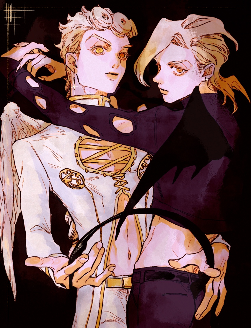 2boys absurdres angel angel_and_devil angel_wings arm_on_another&#039;s_shoulder black_pants black_shirt cleavage_cutout clothing_cutout collared_jacket cowboy_shot cropped_shirt demon_tail demon_wings earrings giorno_giovanna gold_belt hand_on_another&#039;s_ass hand_on_another_tail highres jacket jewelry jojo_no_kimyou_na_bouken ladybug_ornament looking_at_viewer male_focus multiple_boys navel okokoro_zaiku pannacotta_fugo pants shirt sparkle tail turtleneck turtleneck_shirt vento_aureo victory_rolls white_hair white_jacket white_pants wings yaoi yellow_eyes