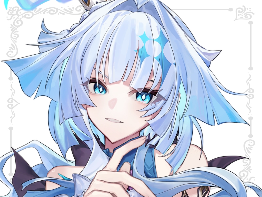 1girl absurdres bare_shoulders blue_eyes blue_hair cerydra_(honkai:_star_rail) crown highres honkai:_star_rail honkai_(series) long_hair looking_at_viewer parted_lips simple_background solo solo_focus upper_body zeijaku