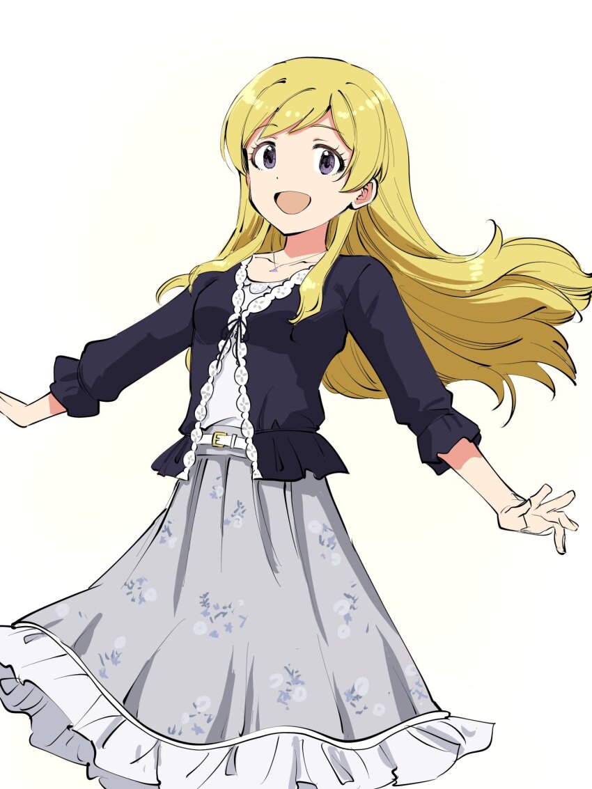 1girl :d belt belt_buckle black_cardigan blonde_hair buckle cardigan cowboy_shot dorsiflexion_(wrist) dot_nose emily_stewart eyelashes floral_print floral_print_skirt frilled_cardigan frilled_skirt frilled_sleeves frills grey_skirt hair_down highres idolmaster idolmaster_million_live! idolmaster_million_live!_theater_days jewelry lace-trimmed_cardigan long_hair long_skirt long_sleeves looking_at_viewer matcha_kingyo necklace open_mouth parted_bangs print_skirt private_dress_(idolmaster_million_live!) purple_eyes shirt skirt smile solo swept_bangs white_background white_belt white_shirt