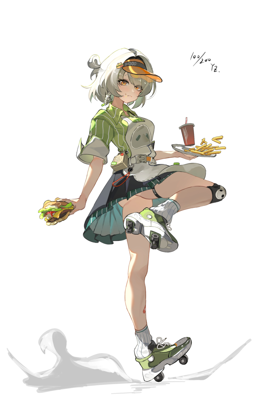 1girl absurdres anby_demara anby_demara_(operation_yum_2025) apron belt black_skirt braid burger chinese_commentary collared_shirt commentary_request cup food french_fries green_shirt green_shoes grey_hair highres holding holding_burger holding_food holding_tray looking_at_viewer official_alternate_costume shirt shoes short_hair side_braid simple_background skates skirt socks solo standing standing_on_one_leg striped_clothes striped_shirt tray visor_cap white_apron white_background white_belt white_socks yellow_eyes yuan_zhen zenless_zone_zero