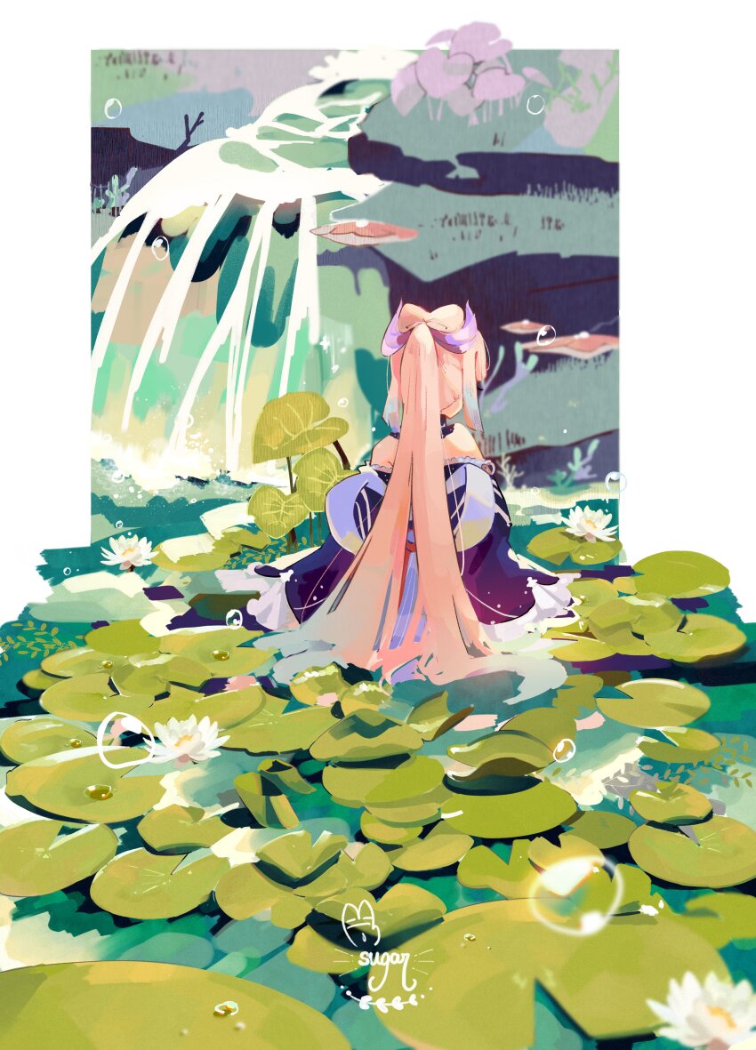 1girl absurdres artist_name back_bow bare_shoulders blue_hair blue_shirt border bow bow-shaped_hair bubble colored_tips commentary english_commentary flower from_behind genshin_impact hair_ornament highres lily_pad long_hair long_sleeves multicolored_hair nature off-shoulder_shirt off_shoulder outdoors outside_border pink_hair ponytail sangonomiya_kokomi scenery shirt signature solo sugahri very_long_hair wading water water_lily_flower waterfall white_border white_bow wide_shot