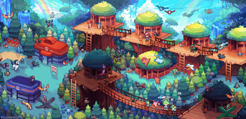 1boy 1girl absol altaria azurill bandana beautifly bridge brown_hair building cascoon castform castform_(normal) chimecho commentary day duskull dustox fortree_city gen_2_pokemon gen_3_pokemon grass green_hair grovyle highres kecleon kianamosser kirlia ladder latias latios legendary_pokemon linoone lotad masquerain may_(pokemon) minun nintendo outdoors pixel_art plusle pokemon pokemon_center pokemon_gym pokemon_rse poochyena rainbow rayquaza red_bandana roselia_(pokemon) seedot seviper shedinja short_hair shuppet sign skirt skitty standing surskit swellow torchic tree tropius twitter_username wally_(pokemon) water waterfall watermark white_skirt wingull wooper wurmple wynaut