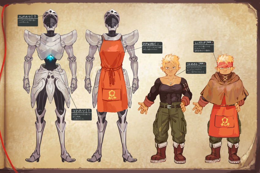 1girl 1other absurdres akaneko_(redakanekocat) apron armor black_shirt blonde_hair boots breasts brown_footwear reference_sheet cleavage closed_mouth collarbone commentary_request covered_abs dwarf gaden_cole-miners green_pants headband highres lartuier_steel living_armor long_sleeves orange_apron orange_headband pants pants_tucked_in pixiv_fantasia pixiv_fantasia_last_saga pointy_ears scar scar_on_face scar_on_nose shirt short_hair tight_clothes tight_shirt toned toned_female translation_request