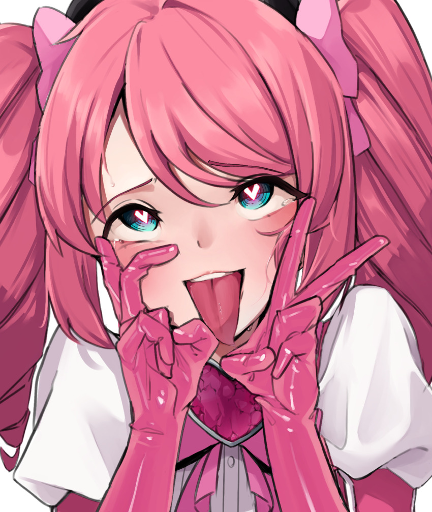 1girl ahegao blue_eyes blush bow bowtie brooch double_v drill_hair elbow_gloves gloves hair_between_eyes hanabishi_haruka heart heart-shaped_pupils heart_brooch highres hypnosis jewelry long_hair looking_at_viewer magia_magenta magical_girl mahou_shoujo_ni_akogarete mind_control nouka open_mouth pink_bow pink_bowtie pink_gloves pink_hair ringed_eyes shirt smile solo symbol-shaped_pupils tongue tongue_out twin_drills upper_body v white_shirt