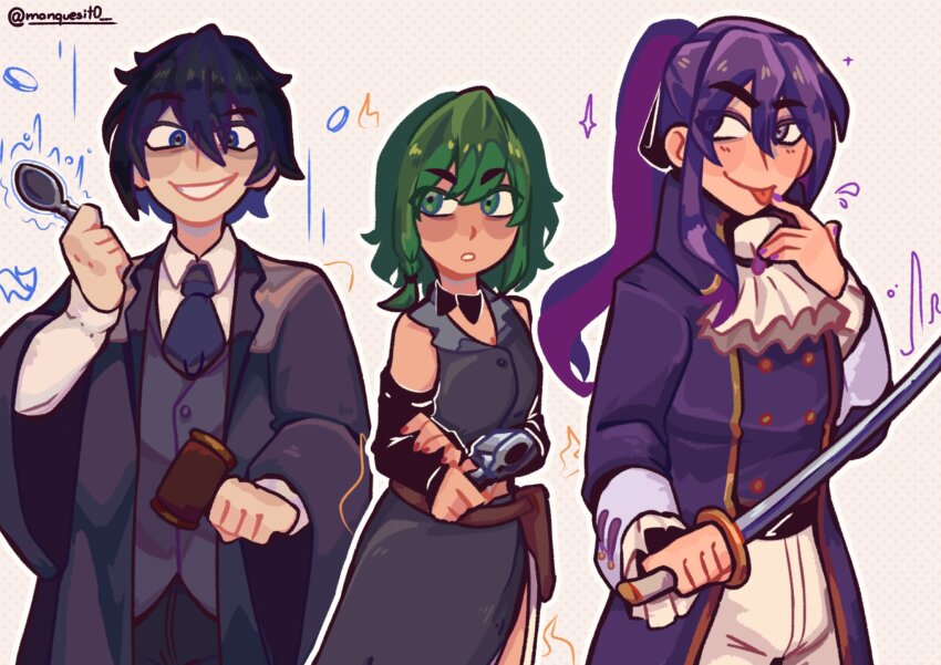 akutoku_no_judgement_(vocaloid) ascot black_arm_warmers black_collar black_robe black_sleeves blue_ascot blue_eyes blue_hair braid braided_sidelock buttons collar collared_shirt commentary cropped_jacket detached_collar detached_sleeves double-breasted evil_grin evil_smile evillious_nendaiki frilled_cuffs gallerian_marlon gavel green_eyes green_hair grey_jacket grey_skirt grey_vest grin gumi hair_between_eyes hammer highres holding holding_hammer holding_spoon holding_sword holding_weapon holster jacket judge kaito_(vocaloid) kamui_gakupo katana licking licking_finger long_hair long_skirt looking_at_another manque marlon_spoon midriff_peek nemesis_no_juukou_(vocaloid) nemesis_sudou pants parted_lips ponytail purple_eyes purple_hair purple_jacket purple_nails red_nails robe sateriasis_venomania shaded_face shirt side_braid sidelocks sideways_glance skirt skirt_cutout sleeveless sleeveless_jacket smile songover spoon sword twitter_username venom_sword venomania_kou_no_kyouki_(vocaloid) vessel_of_sin vest vocaloid weapon white_ascot white_pants white_shirt