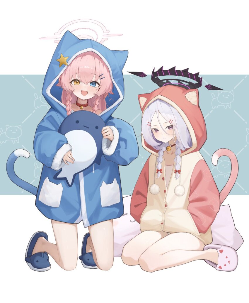 2girls bell blue_archive blue_eyes braid fang gmi_(jimmyovob) hair_ornament hairclip halo heterochromia highres hina_(blue_archive) hoshino_(blue_archive) long_hair looking_at_viewer multiple_girls neck_bell pink_hair pink_halo skin_fang smile stuffed_whale twin_braids white_hair yellow_eyes