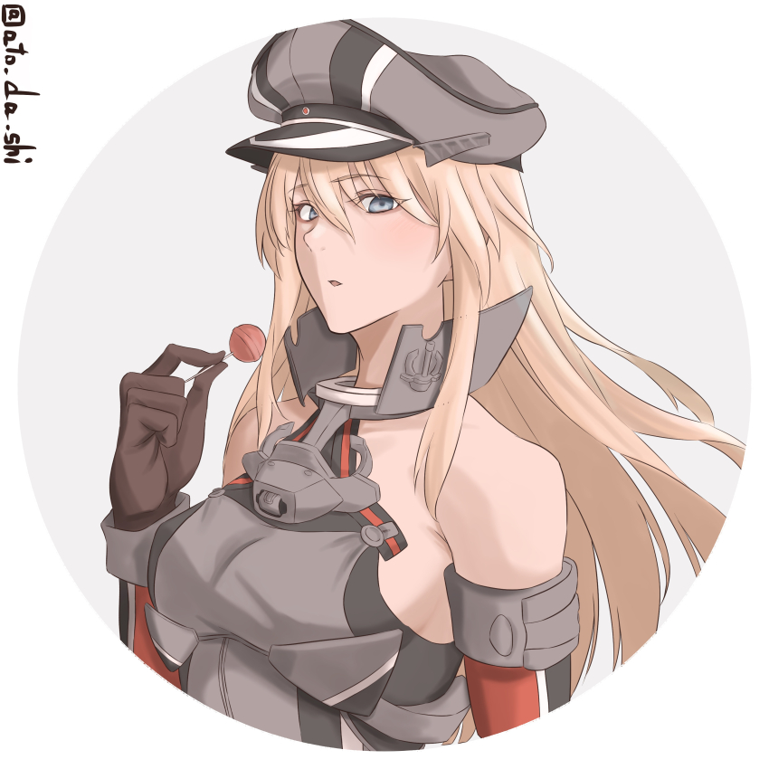 1girl absurdres anchor_choker atodashi bare_shoulders bismarck_(kancolle) blonde_hair blue_eyes blush breasts brown_gloves circle detached_sleeves food gloves hair_between_eyes hat highres kantai_collection large_breasts long_hair looking_at_viewer medium_breasts military military_hat military_uniform open_mouth peaked_cap popsicle smile solo twitter_username upper_body white_background