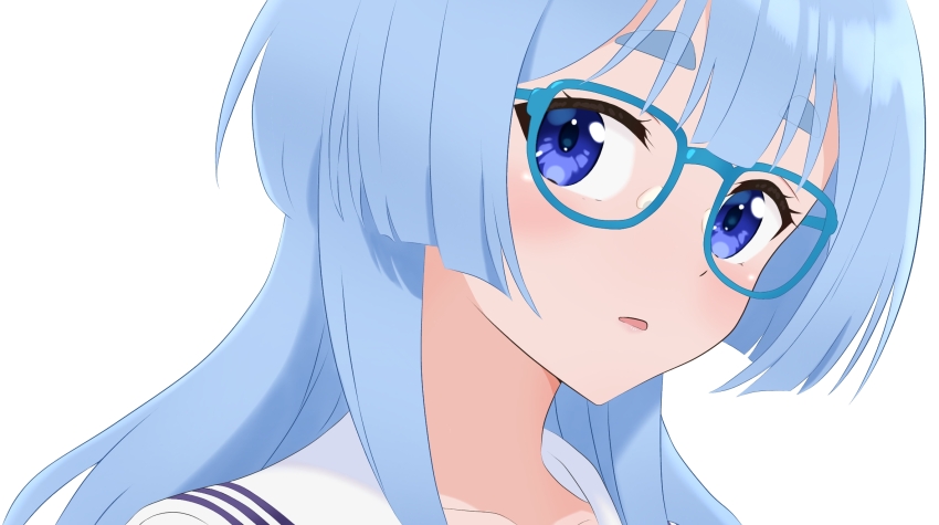 1girl blue-framed_eyewear blue_eyes blue_hair blush close-up collarbone glasses highres long_hair looking_at_viewer open_mouth sailor_collar shiunji-ke_no_kodomotachi shiunji_seiha sidelocks solo thick_eyebrows user_acdr2723 very_long_hair white_background white_sailor_collar
