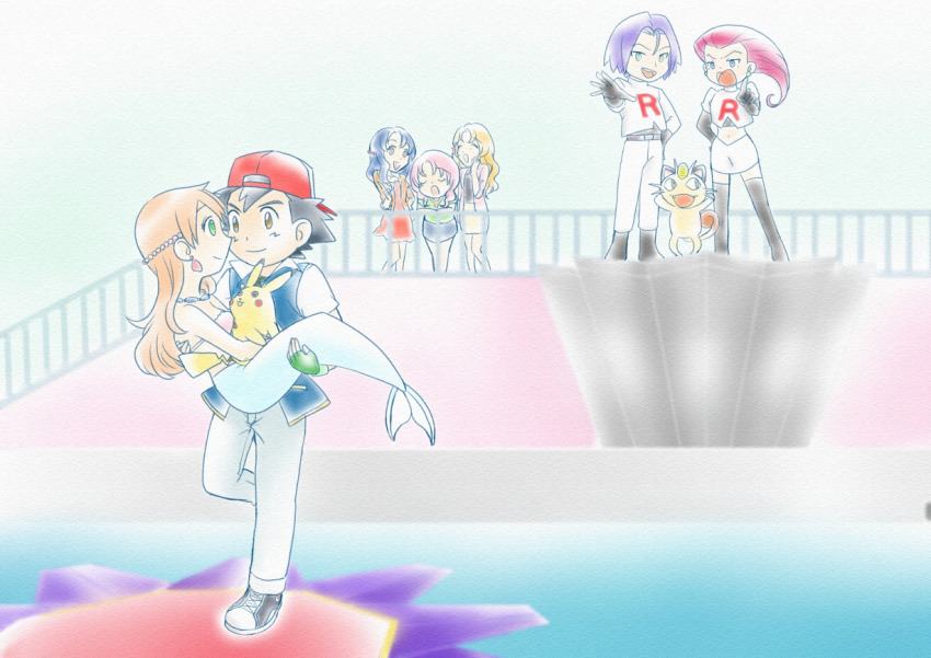 2boys 5girls artist_request ash_ketchum baseball_cap beads bikini black_hair breasts brown_hair creature daisy daisy_(pokemon) earrings eye_contact eyelashes flower gen_1_pokemon green_eyes hair_ornament hat holding holding_creature holding_pokemon james_(pokemon) jessie_(pokemon) jewelry lily_(pokemon) long_hair looking_at_another meowth mermaid mermaid_misty_(pokemon) misty_(pokemon) monster_girl multiple_boys multiple_girls necklace nintendo orange_hair pikachu pokemon pokemon_(anime) pokemon_(classic_anime) pokemon_(creature) purple_shorts seashell shell shell_bikini shirt short_hair short_sleeves shorts small_breasts smile source_request swimsuit violet_(pokemon)