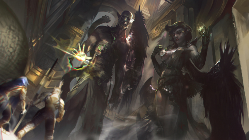 1boy 1girl 2others absurdres bare_shoulders beard breasts character_request closed_eyes closed_mouth collarbone commentary_request facial_hair from_below giant hands_up highres league_of_legends light long_hair magic medium_breasts morgana_(league_of_legends) multiple_others pointy_ears ryze single_wing snake standing thorns wings wutu_(1183238220)